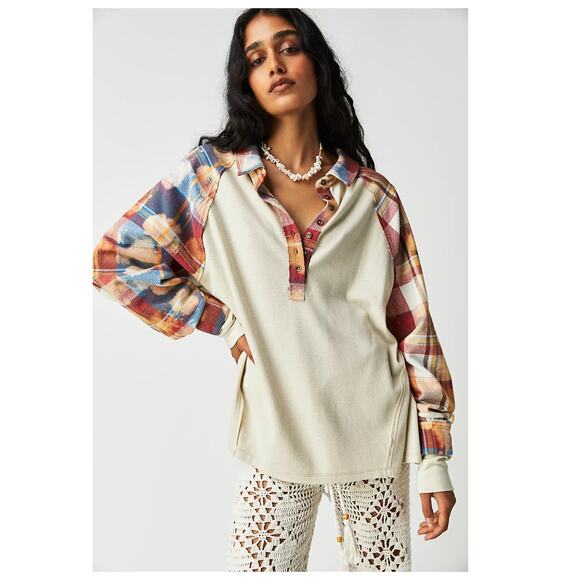 FREE PEOPLE Isabelle Plaid Trim Thermal Henley In Mink Combo Size Large - Picture 12 of 12